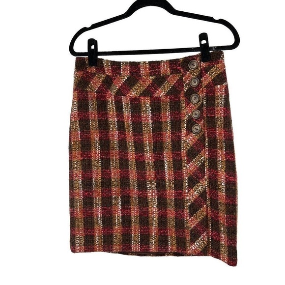 LOFT Dresses & Skirts - Loft Brown Red Plaid Button Detail Closure Career Pencil Skirt